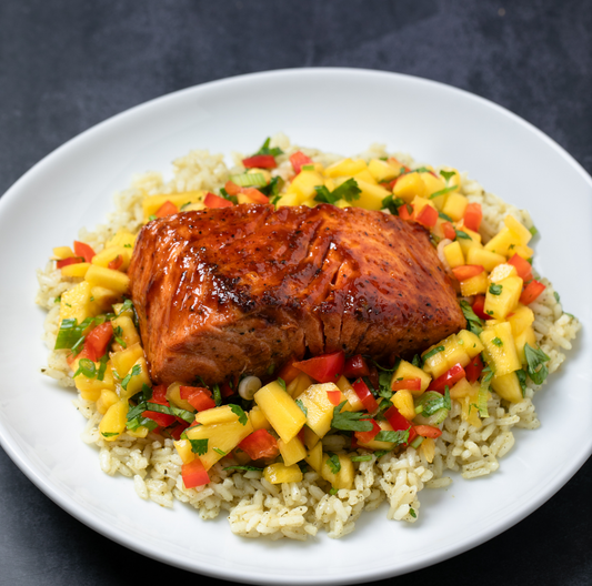 BBQ Salmon Bowl with Cilantro Lime Rice and Mango Salsa