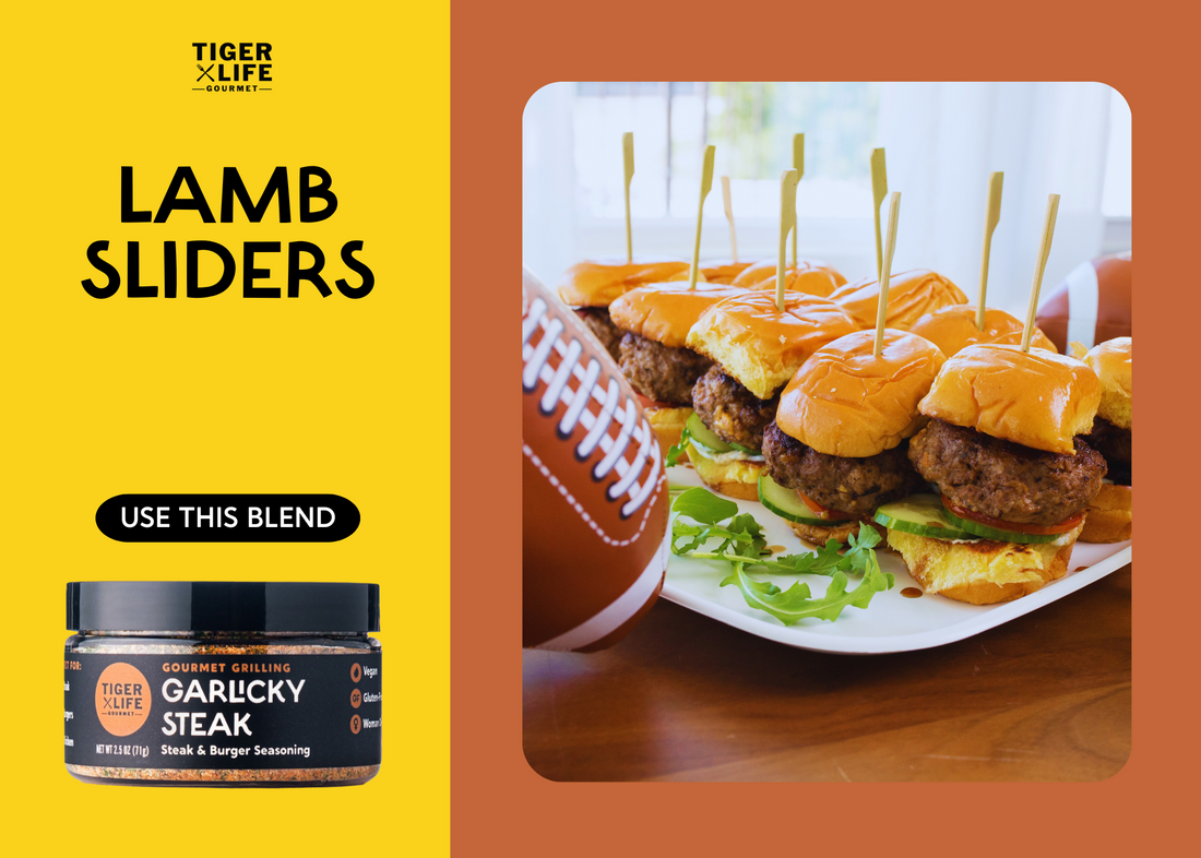 tray of lamb slider with appetizer picks and football